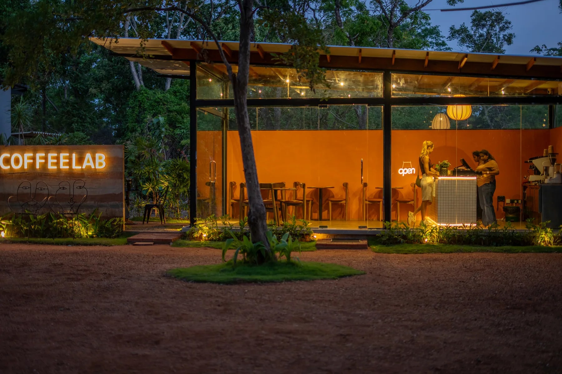 CoffeeLab illuminated in the evening